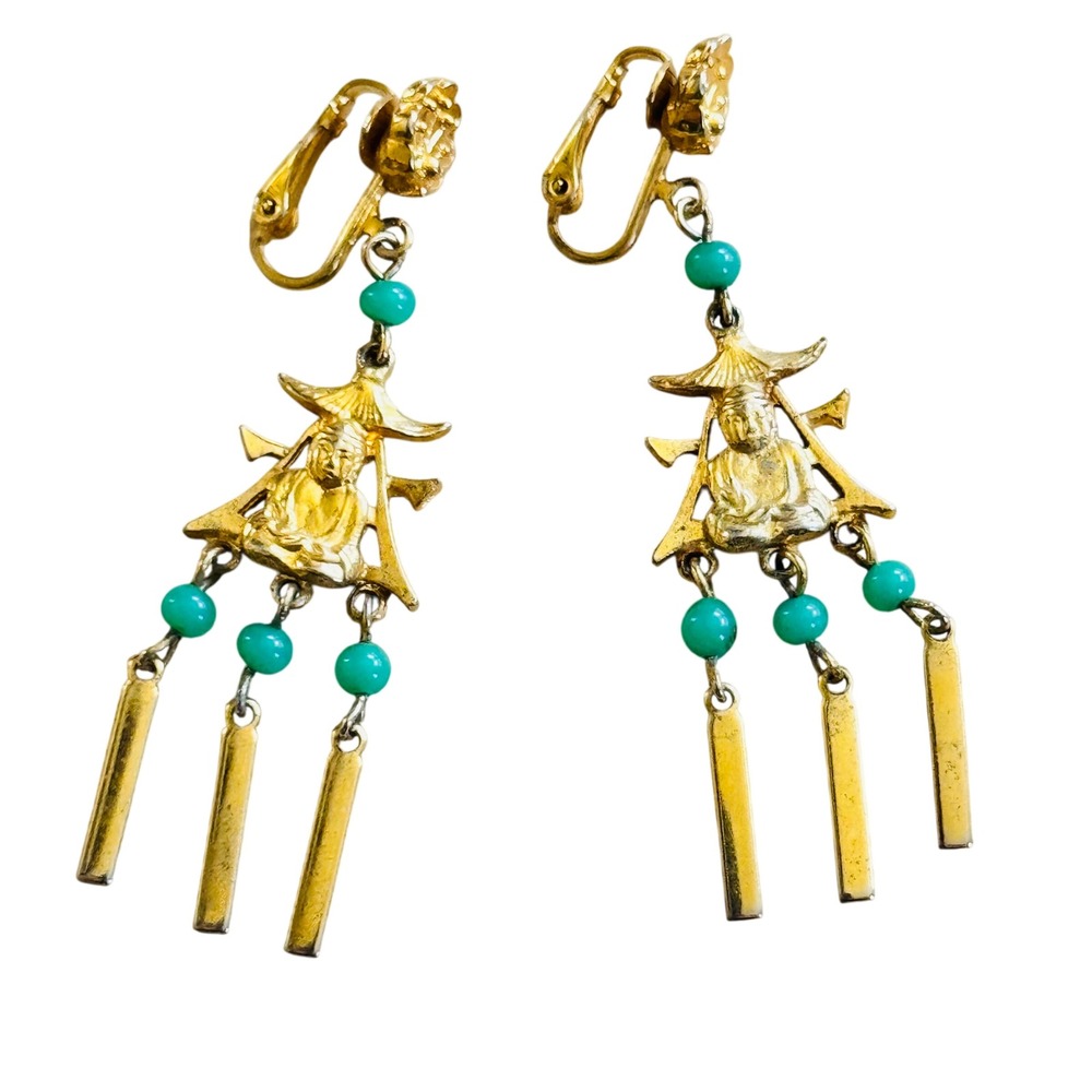 VTG ART Arthur Pepper Buddha Earrings Chandelier Dangle Signed Green Glass 50s